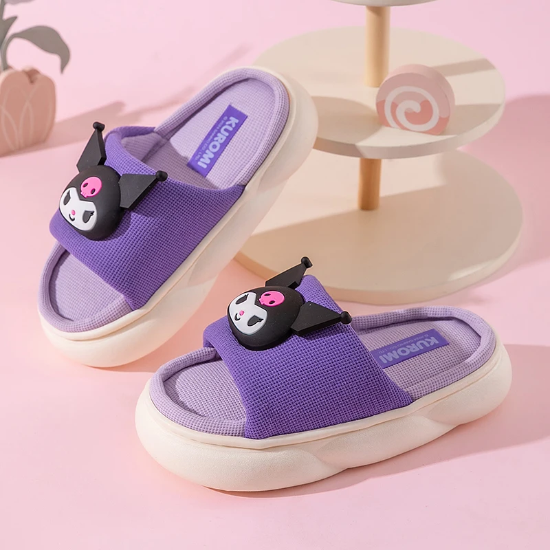 Sanrio Family Flip-Flops Linen Slippers Comfortable Non-slip Breathable Children\'s Home Shoes Kuromi Slippers