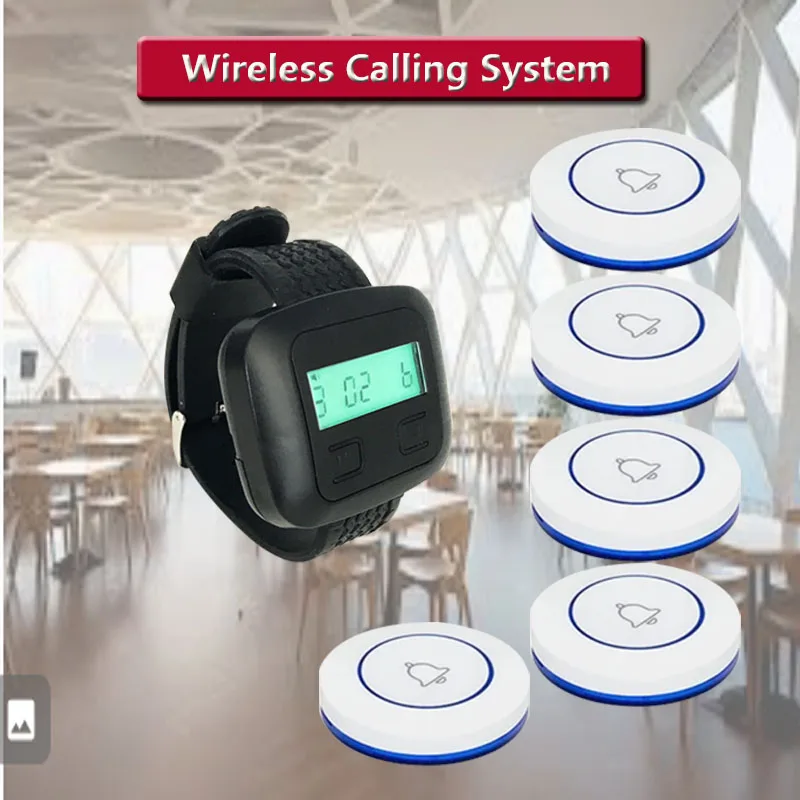 

1 Piece Waiter Watch Pager Receiver in 433MHz 5 pcs of Call Bell Buttons Wireless Service Restaurant Hotel Cafe Calling System