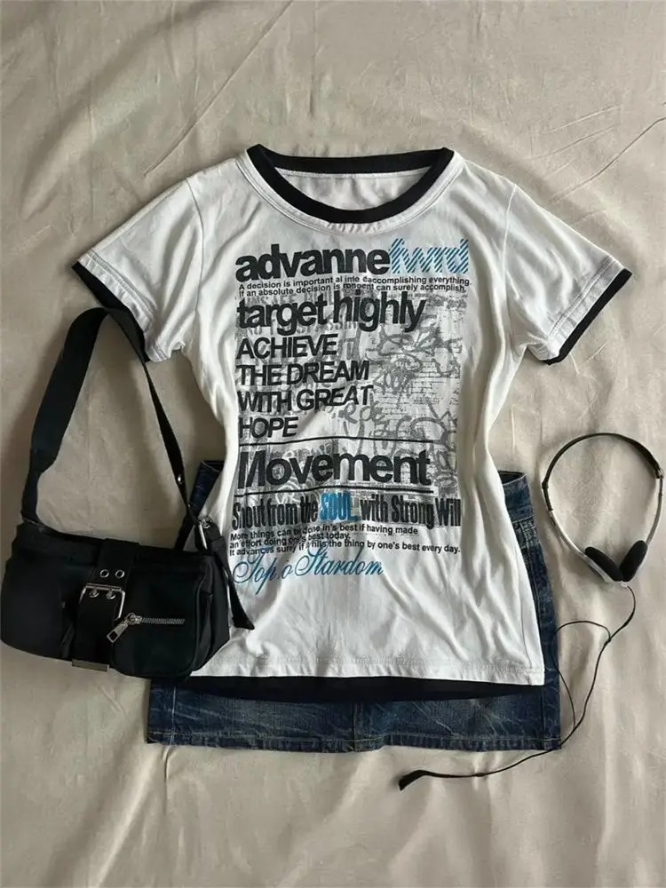 Aesthetic Vintage Punk Sexy Summer Short sleeve Women T Shirts Clothes Letter Gothic Streetwear Slim Emo Girl Harajuku Y2k Tops