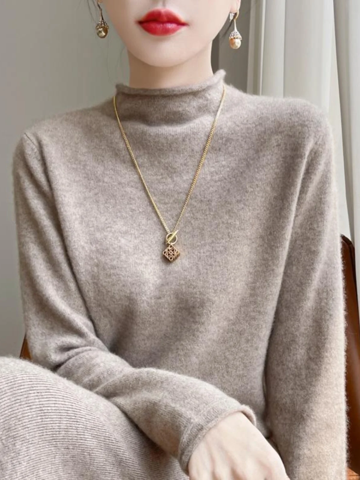 

Женский утепленный вязаный свитер с высоким воротником, зимний, теплый, уютный, с отворотом, комфортный крой