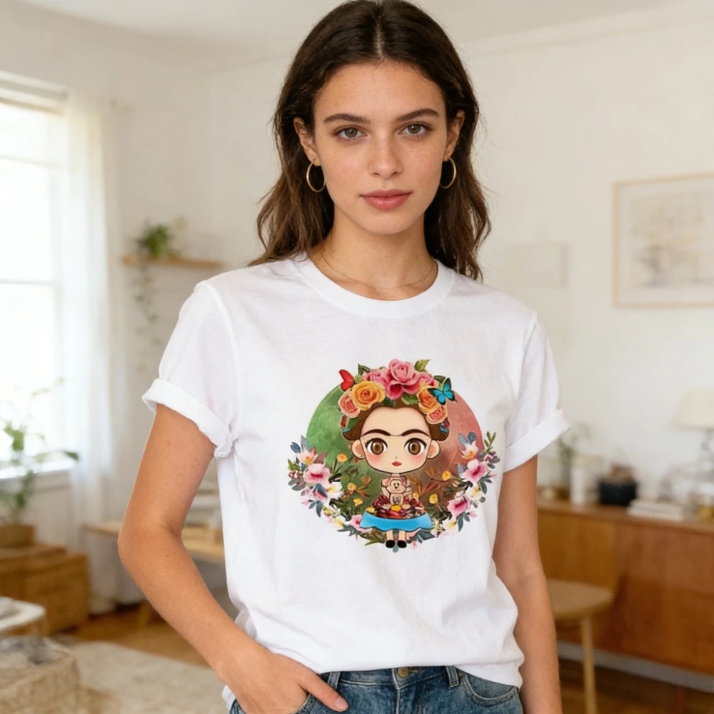 Frida Kahlo Cartoon T-Shirt Floral Art Tee Woman Gift Shirt The Soul of Mexican Art Frida Shirt Salute and Remember The Clothing