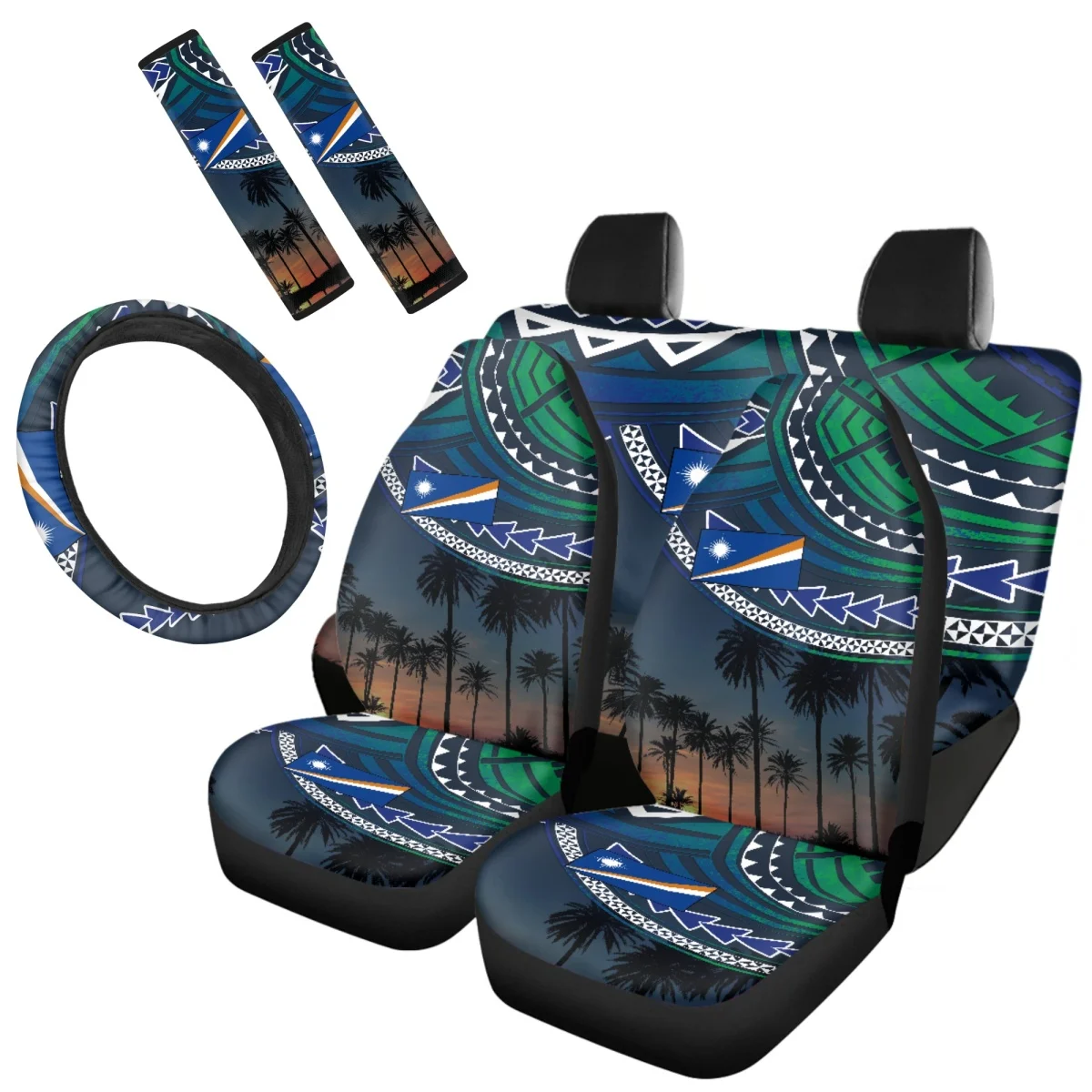 

Marshall Island Flag Polynesian Coconut Tree Printed Washable Car Seat Covers Elastic Steering Wheel Protective Case Durable