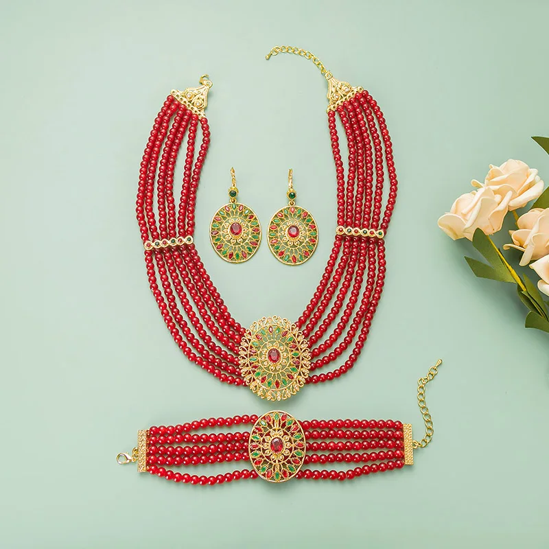

Red Beaded Gold-Plated Jewelry Set With Colorful Stones, Perfect For Indian Weddings, Festivals & Ethnic Occasions