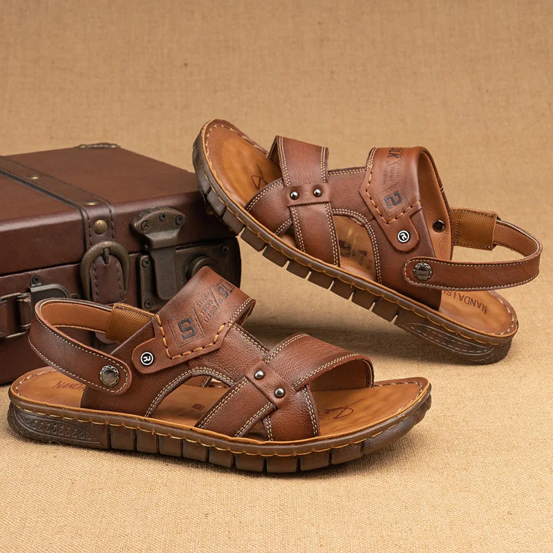 High Quality Sandals Men's 2026new First-layer Cowhide Casual Beach Shoes Men's Trend Summer Wear Dual-purpose Cool Slippers Men