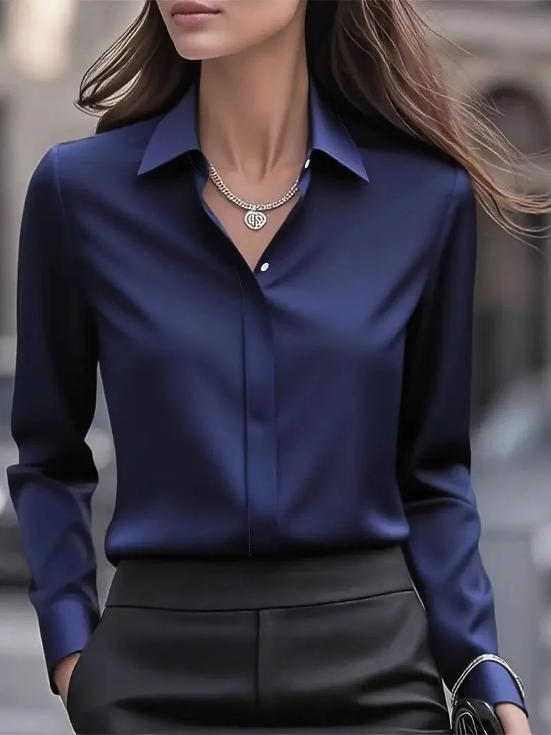 Automne couleur Pure longue Sve polyvalent soie irt femmes Ele Profional trajet haut Long coupe ample fibre de Polyester