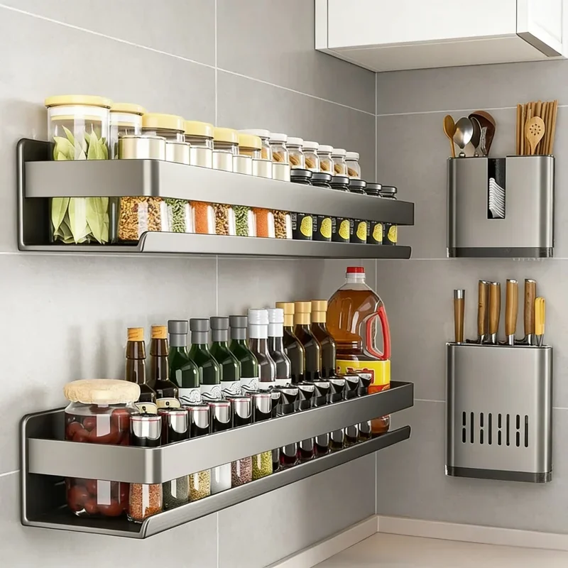 

Multifunctional Wall-Mounted Spice Rack Kitchen Condiment Storage Organizer Shelf For Kitchen Tools Organization Accessories