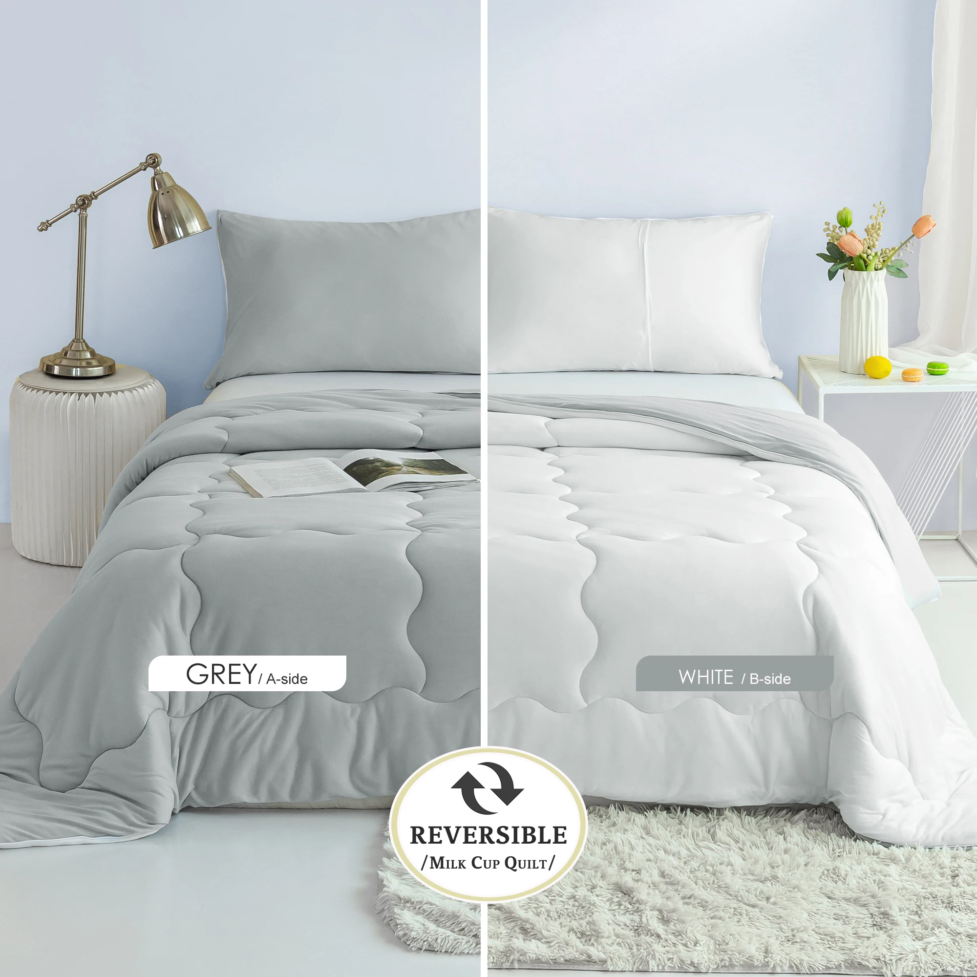 Light grey and white Twin XL Bed Ultra-Soft Reversible Warm Comforter Set Breathable Bedding Down Alternative 2 Pillowcase