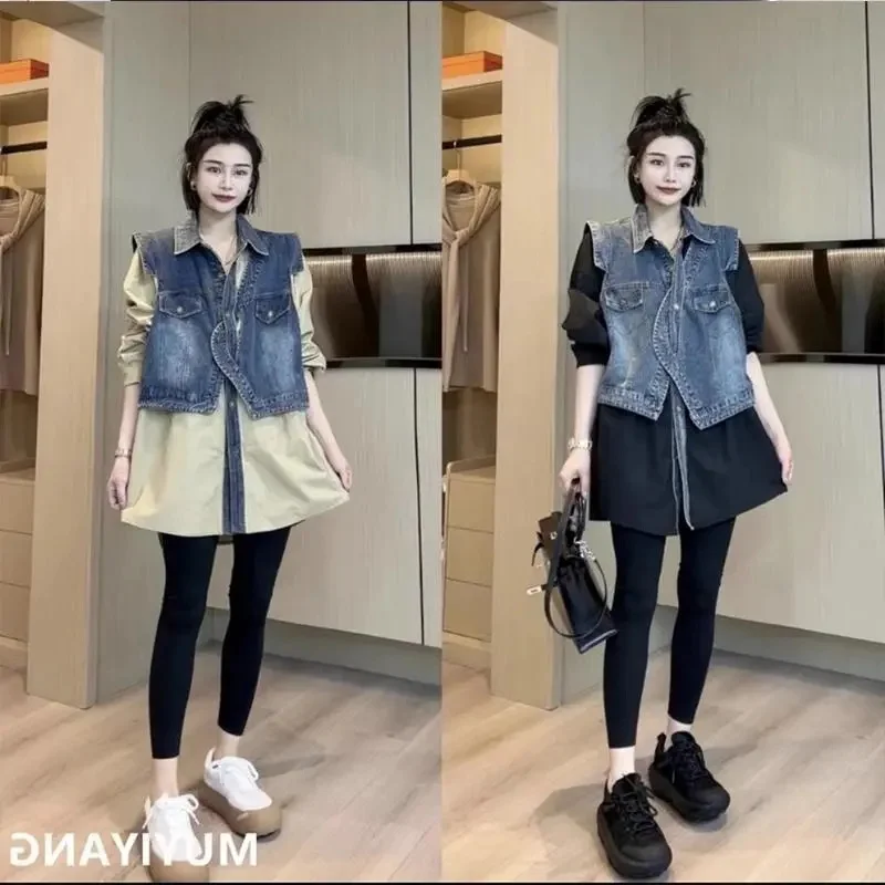 Fake Two Pieces Fashion Denim Shirt Jacket Women\'s Spring/Summer New Design Sense Stitching Women Jackets Temperament Coat Top