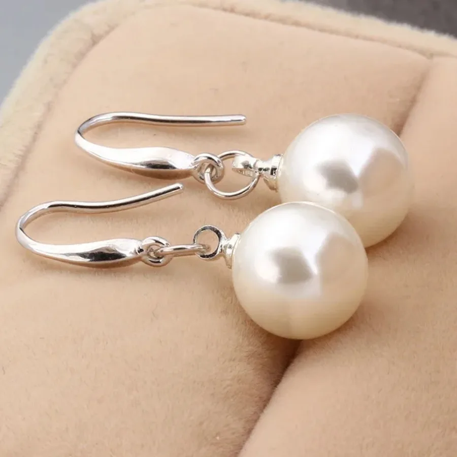 FPFWFS 925 Sterling Silver Cute 10mm Pearl Drop Earrings Jewelry for Woman Girl Charms Wedding Party Gift