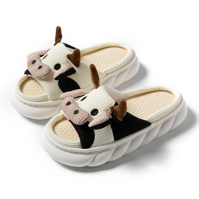 Comwarm Cute Cow Platform Slippers Women Four Seasons New Linen Women\'s Thick Sandals Home Cartoon Slides Soft Non-slip Shoes