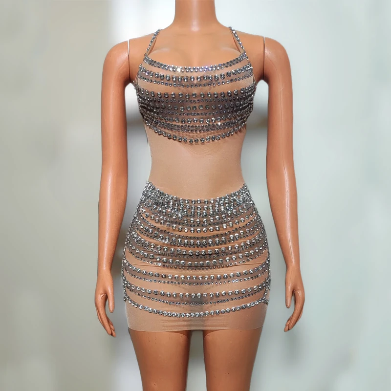 

Sexy Perspective Mesh Rhinestones Party Dress Women Pole Dance Outfits Bar Ds Dj Gogo Costumes Stage Rave Clubwear XS8549