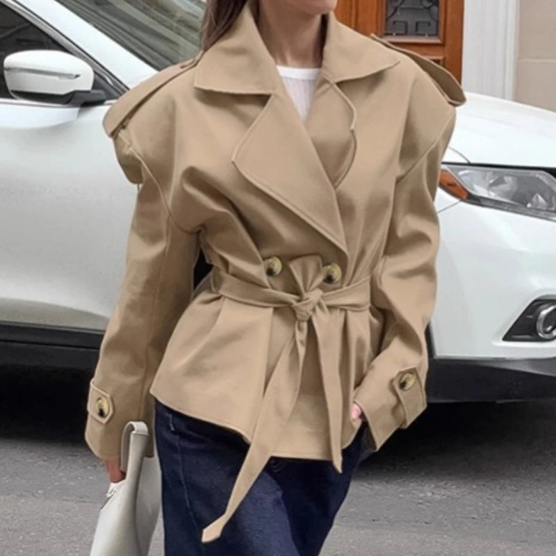 

New 2025 Autumn Design Trend Casual Lace Up Waist Cinched Mid Length Khaki Windbreaker for Women