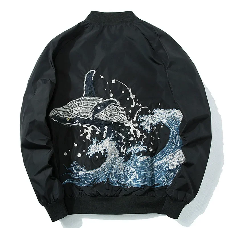 Autumn Men Women Embroidery Baseball Jacket Whale Waves Fashion Hip Hop Couple Jacket Boys Hipster Streewear Windbreaker