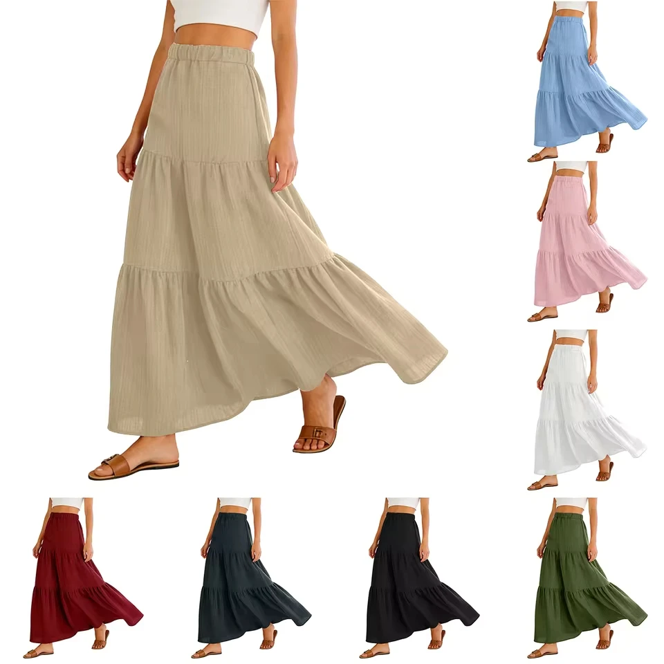 Women Flowy Maxi Skirts Summer Casual Solid Color Elastic Waist A Line Boho Skirt Beach Woman Korean Elastic Waist Midi Skirt