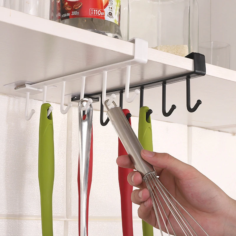 *6 Hooks Storage Shelf Plastic Under Shelves Hanging Rack Utensils Holder Wardrobe Kitchen Bathroom Organizer Home Accessories