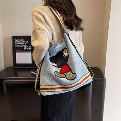 Kawaii Disney Mickey Mouse Denim Bag Cartoon New Large Capacity Single Shoulder Crossbody Bag Multifunctional Storage Backpack