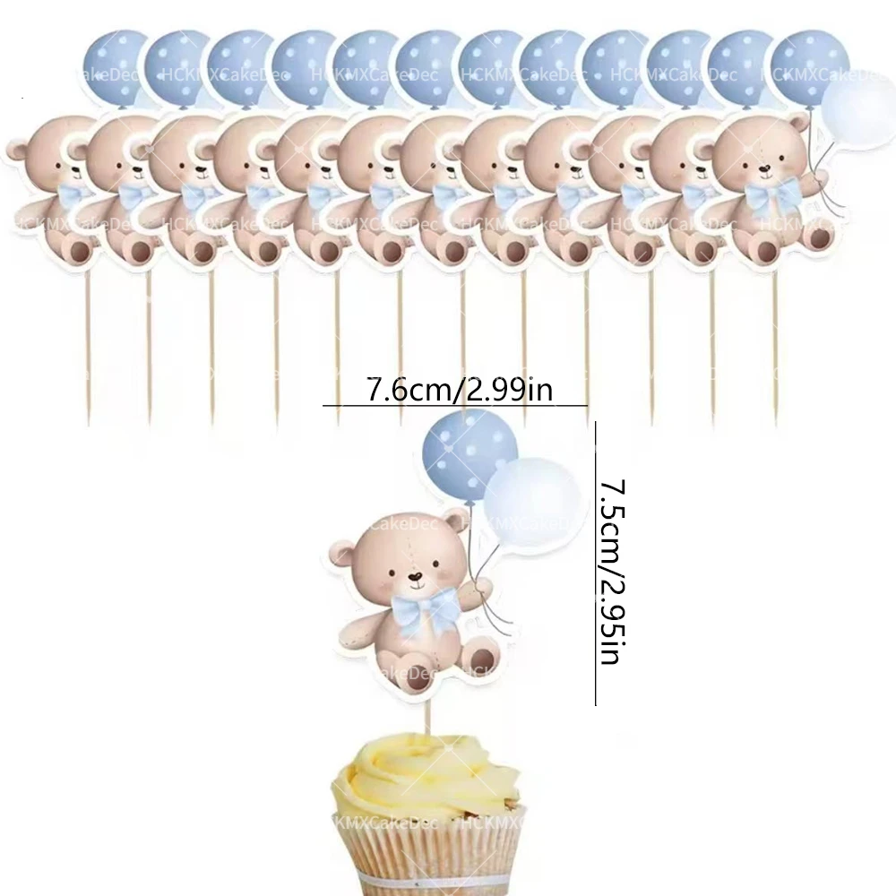 12er/24er-Set Teddybär-Cupcake-Topper, blau-rosa Ballonbär-Kuchenaufsätze für Babyparty, Geschlechtsoffenbarung, Geburtstagsfeier-Dekoration – Detail 3