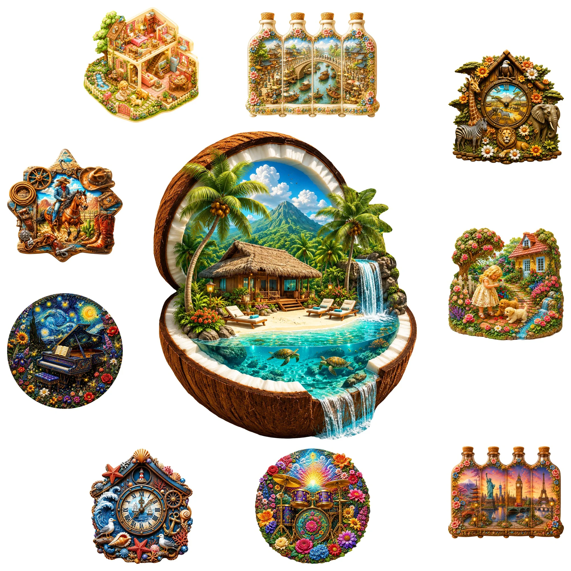 Tropical Island Waterfall Flat Wooden Puzzle - Animal Jigsaw Puzzle Toy - Tabletop Puzzle Game - Present for Christmas