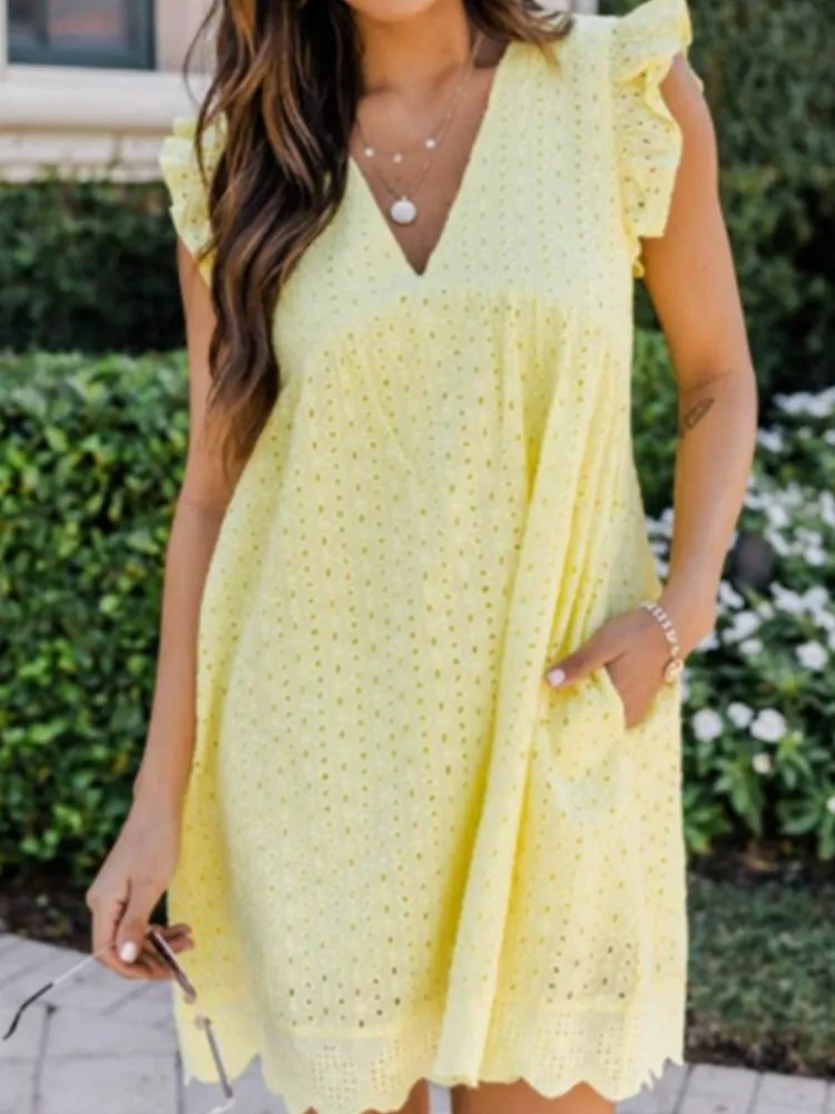 

Fashion Hook Flower Hollow Loose Dress For Women Casual Solid V Neck Ruffles Mini Dresses Lady Holiday Beach Skirts Clothes New