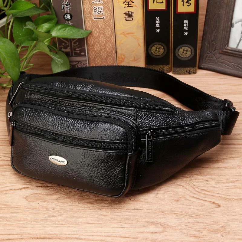 

Genuine Leather Men Waist Fanny Pack Bags Sling Chest Pocket Pouch Travel Hiking Male Real Cowhide Loop Hip Belt Bum Bag