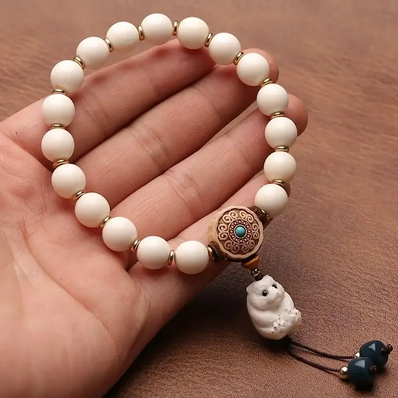 Original Natural Antlers Bracelet Fidelity Old Material Antlers High Porcelain Buddha Bead Women Single Circle HandString Rosary