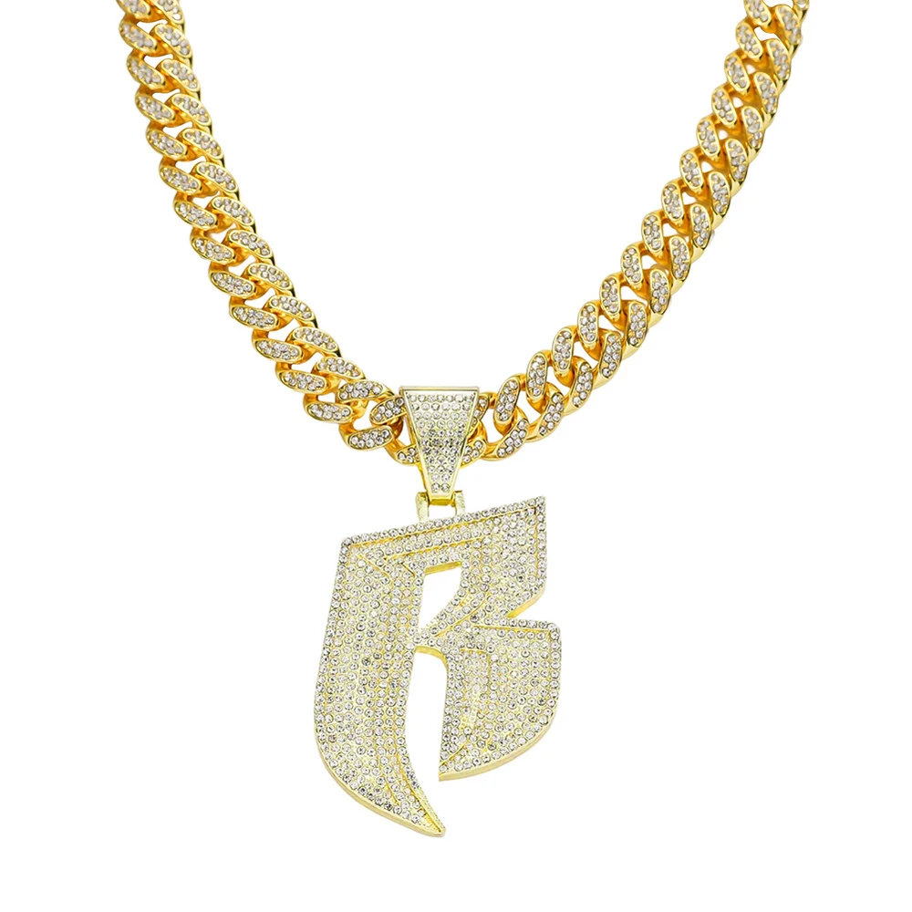 HipHop Full Crystal Letter B Pendant Tennis Chain Necklace With 13mm Miami Cuban Chain Necklace Fit Men Women Punk Party Jewelry