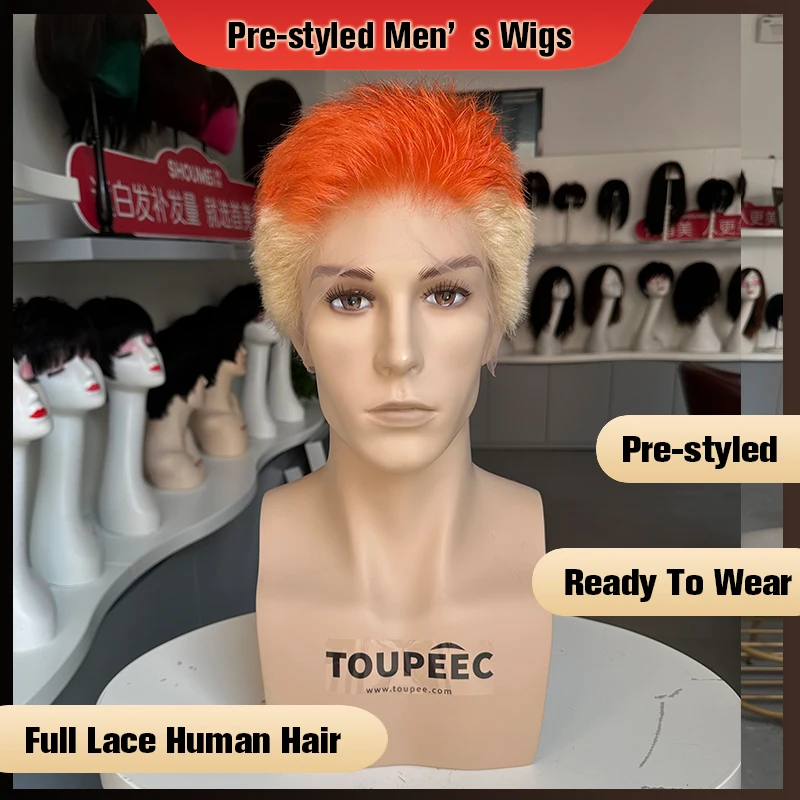 

Men's Wig Blonde Orange Colored Hair Pre Styled Natural Male Wig Full Lace Human Hair Wigs For Men Easy To Wear Full Lace Wig