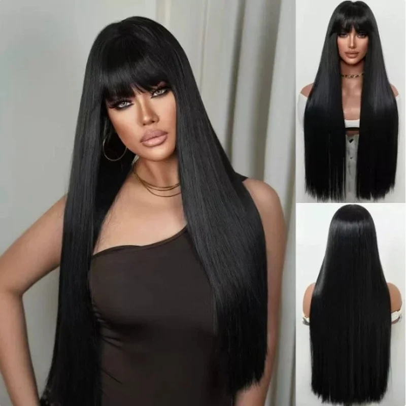 100% Hair New Fashion For Women With Bangs Long Black Straight Wigs 24 In
