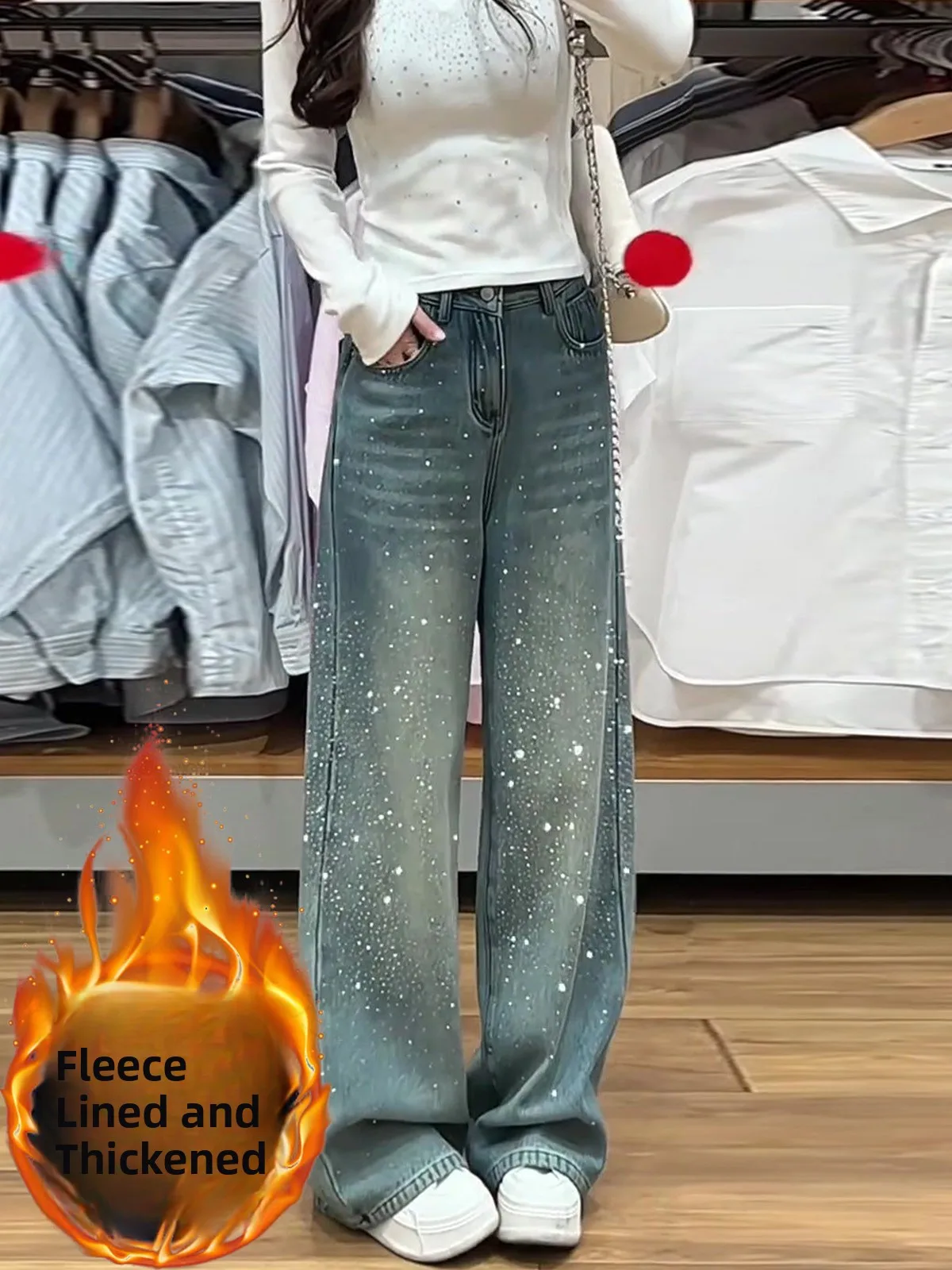 

Trendy High Waist Fce Lined Wide Leg Denim Jeans Women's Flaing Loose Straight Cut Pants Spring New Sle Hot S