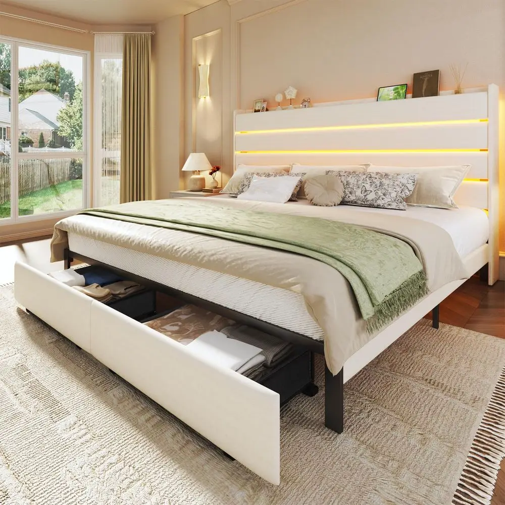 

Bed Frame with 2 Storage Drawers, Velvet Upholstered Bed Frame Queen Size Upholstered Headboard with LED Light amp Charging Sta