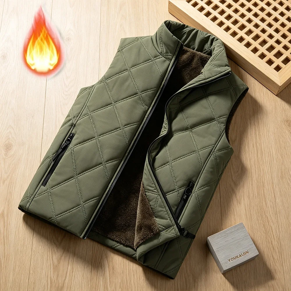 Style Men Thick Fleece Lined Vest Autumn Winter Diamond Quilted Zip Up Sleeveless Gilet Casual Warm Outer Waistcoat