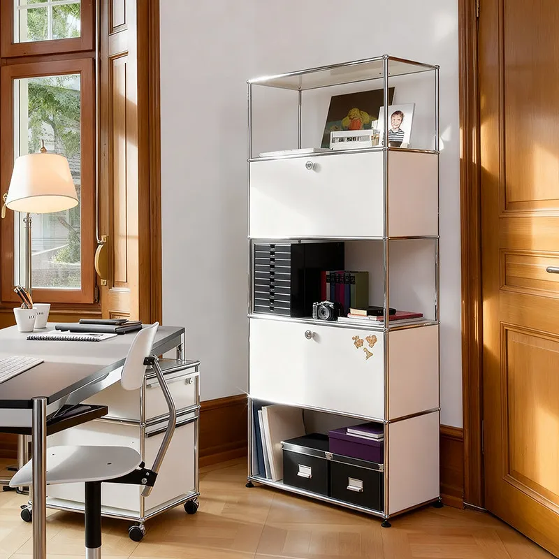 Modular bookshelf integrated stainless steel storage cabinet, vintage-style wall-mounted standing cabinet