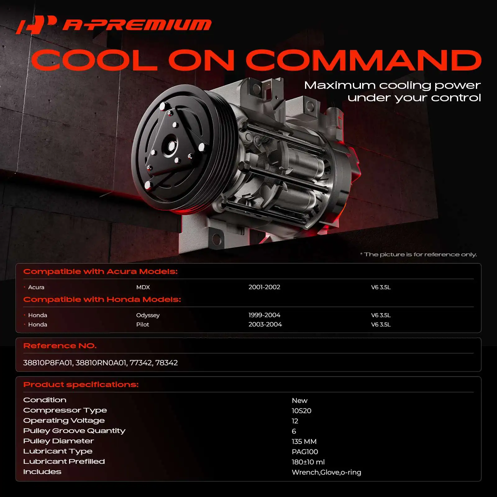 A-Premium AC Compressor with 6-Groove Pulley & 10S20C Style for Honda Pilot 2003-2004 Odyssey 1999-2004 Acura MDX 2001-2002