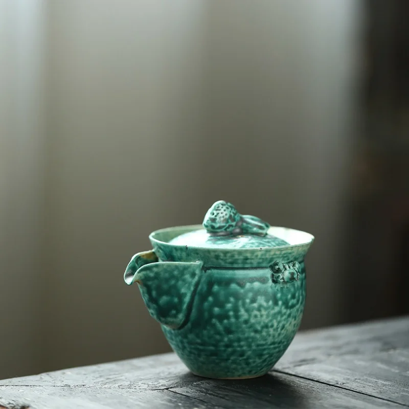 Jingdezhen Kiln Baked Soda Glaze Matte Green Glaze Gracked Glaze Goldfish Golden Toad Tureen Easy-to-Use Teapot Pot Cup with Cov