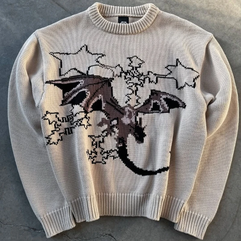 Y2K Men pullover fashionable Harajuku Round Neck loose Streetwear Gothic HipHop Cartoon Flying Dragon Pattern embroidery Sweater