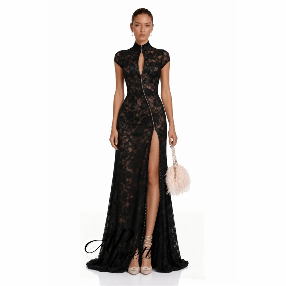 AP pretti Elegant Black High Neck Lace Evening Dress Customized Cap Sleeve Side High Split Mermaid Long Formal Party Gown 2027