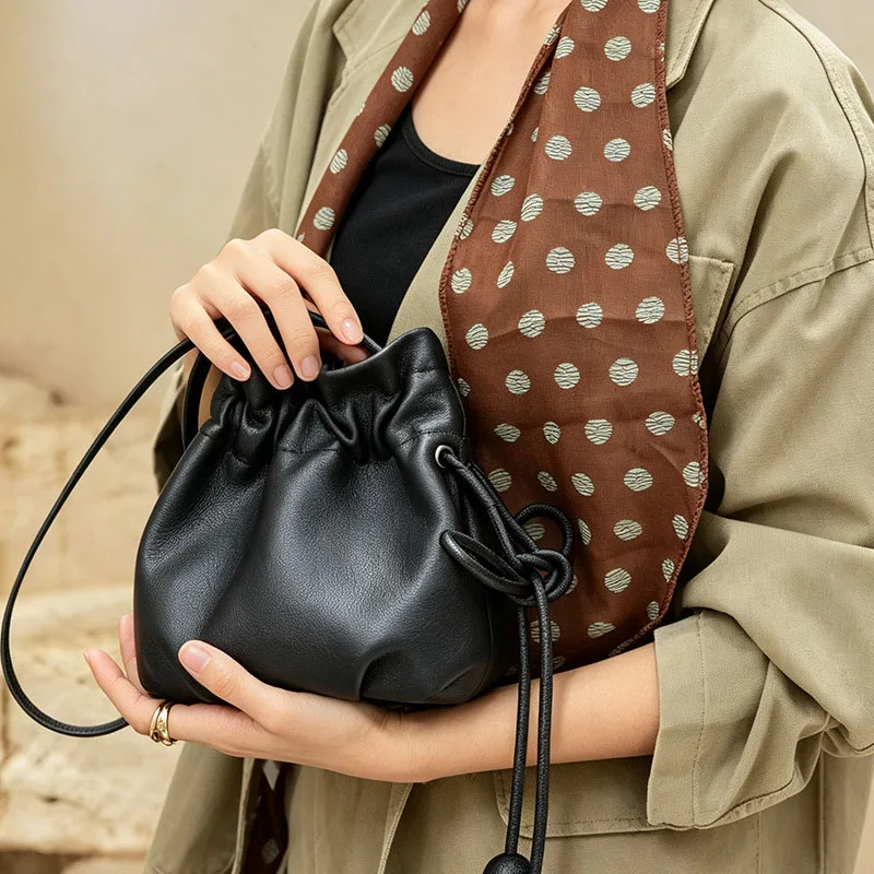 Lady Soft Genuine Leather Drawstring Bucket Bags Effortless Slouchy Minimalist Crossbody Shoulder Bag Women Casual Daily Handbag