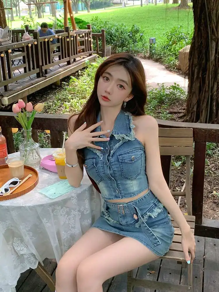 여름 데님 섹시한 클럽 2 조각 의상 여성 캐주얼 스트랩 백리스 짧은 탑 셔츠 블라우스 반바지 Femme Mujer Slim Sets