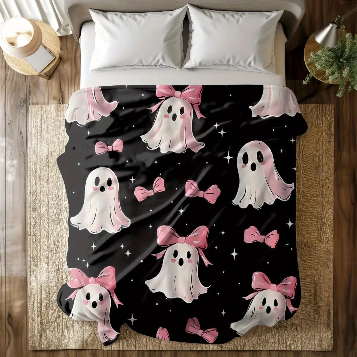 Pink Bow Ghost Star Halloween Throw Blanket,Black Background Cute Spooky Print Soft Sofa Couch Cover,Warm Holiday Home Blanket