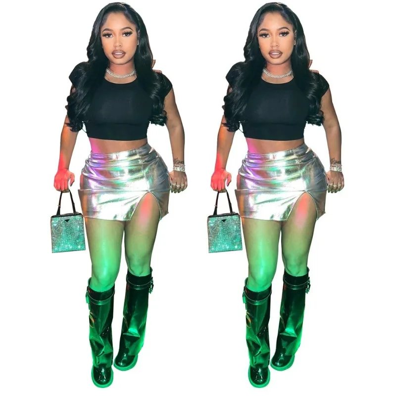 

Metallic Color Split Mini Skirts 2024 Summer New Fashion Sliver Hip Wrapped Medium Strecth Short Skirts Party Club Streetwear