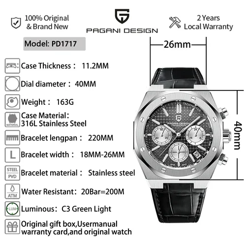 Imagen 2 del producto Pagani Design 2025 nuevo 40MM VK63 cronógrafo de cuarzo para hombre de acero inoxidable resistente al agua 20Bar zafiro luminoso C3 reloj hombre