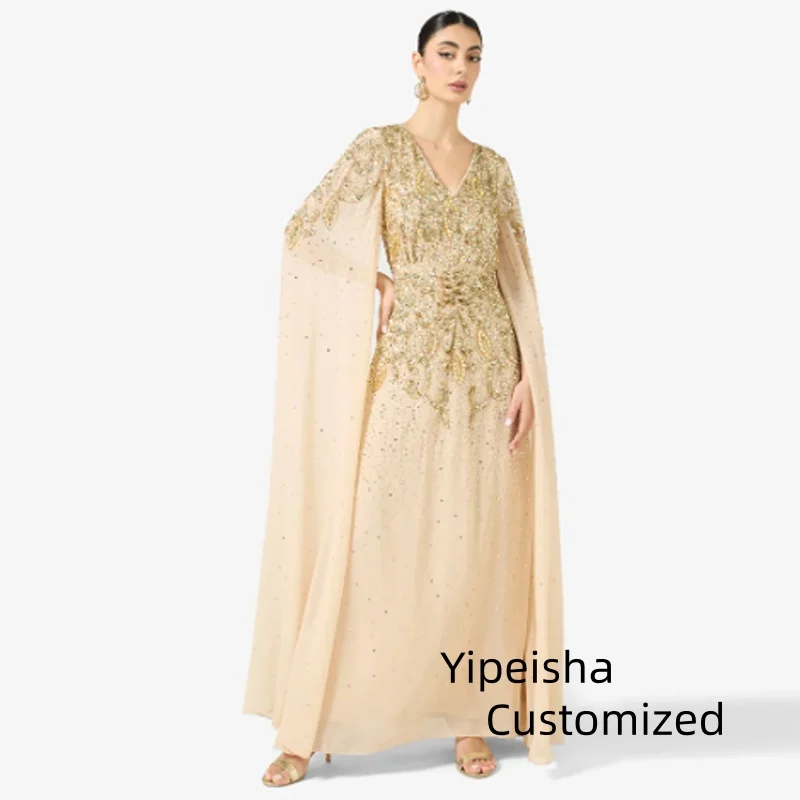 Maßgeschneiderte Luxus-Abendkleider mit V-Ausschnitt und Kristallen, Chiffon-Pailletten mit Cape-Ärmeln, formelles Abendkleid, knöchellanges Kleid