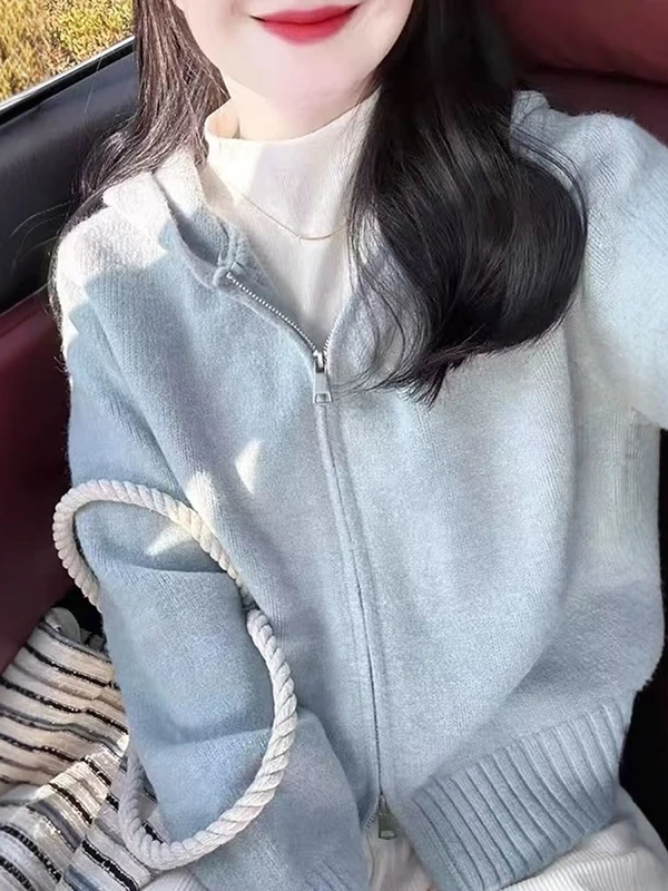 

Blue Zipper Hoodie Knitted Sweater ort Sle Women's Faion Loose Fit Warm Outerwear Spring Autumn Winter Casual Top