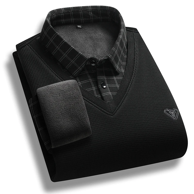 Autumn Winter Turn-down Collar Flocking Checkered Button Striped Men\'s Clothing Pullover Casual Formal T-shirt Fashion Tops