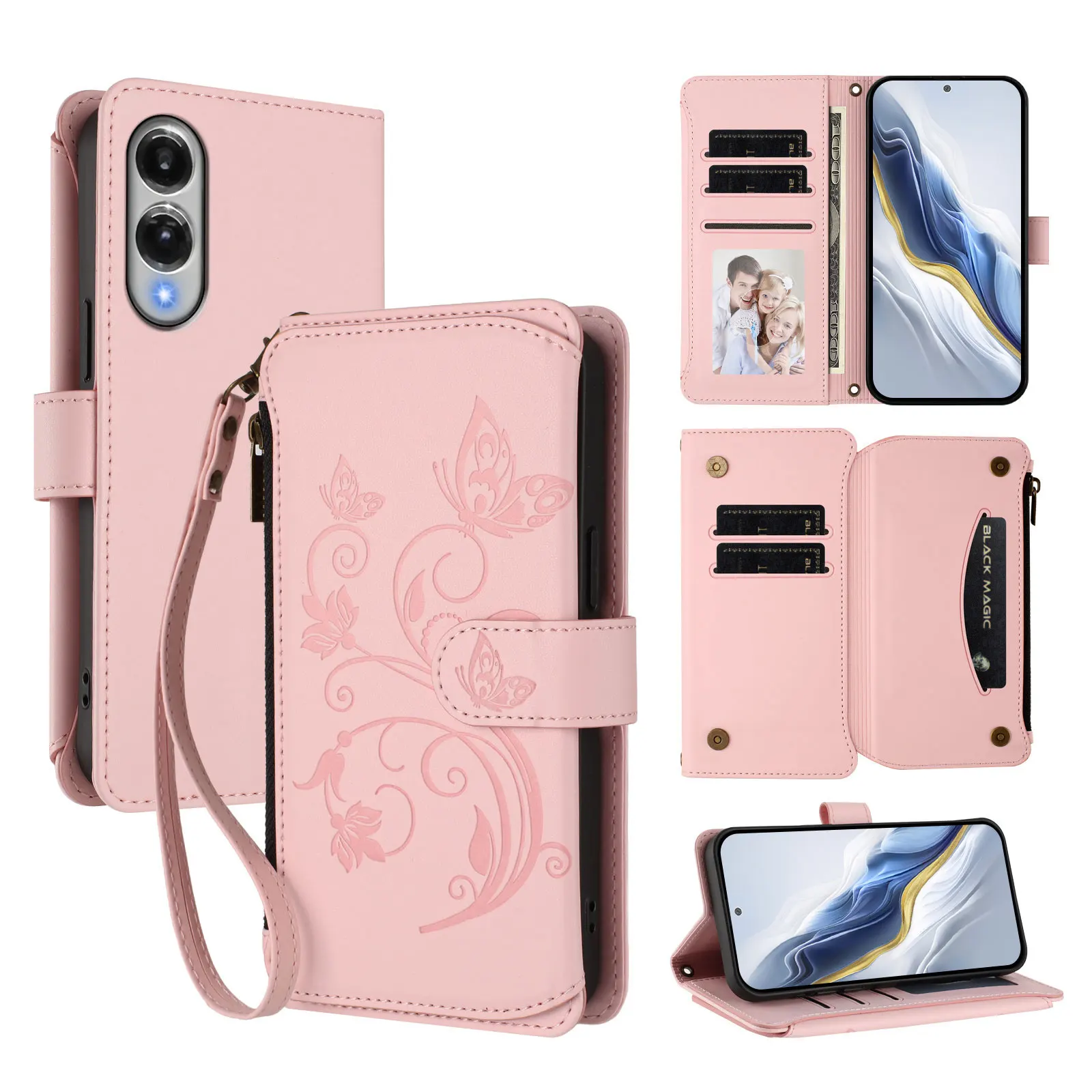 Butterfly Flower PU Leather Silicone Case, Compatible with Samsung Galaxy S25 FE/S26 with Wrist Strap and Zipper Flip Card Case