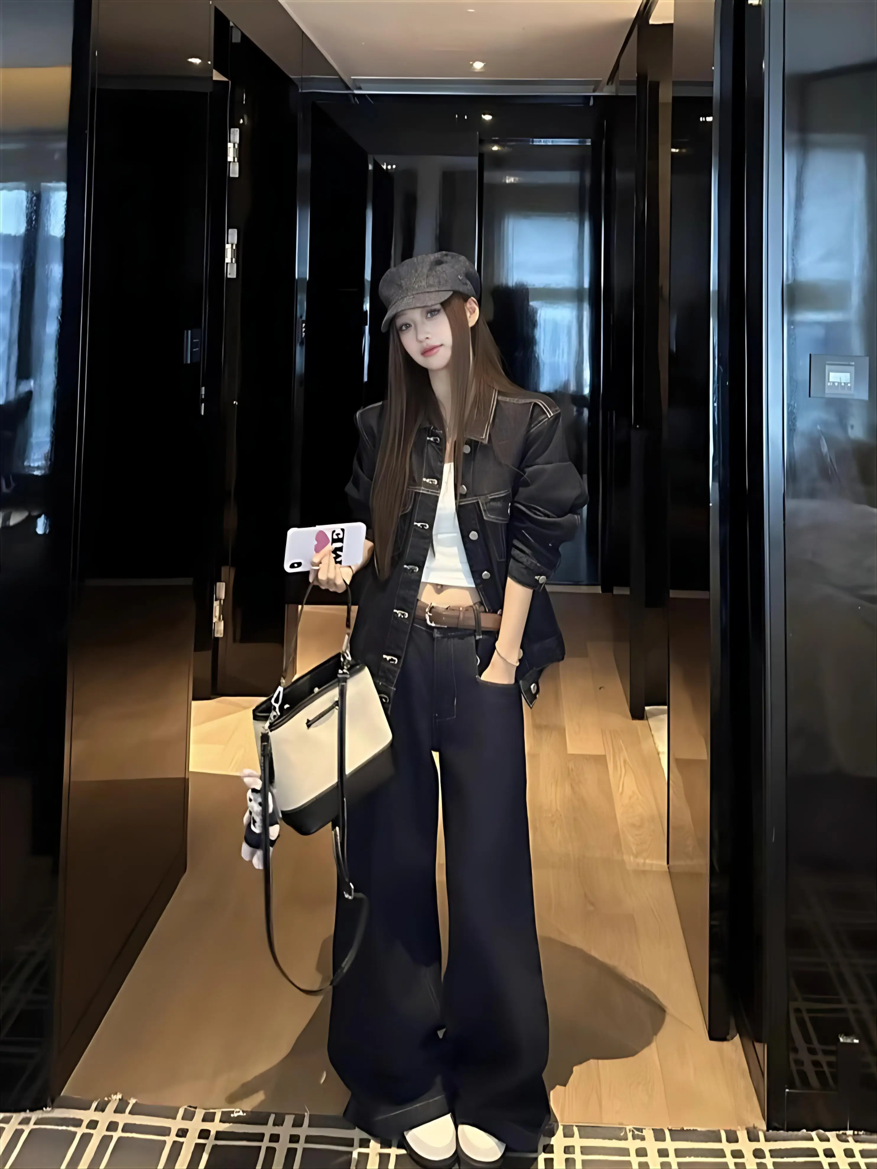 

Denim Coat Pink Flowers Womens Autumn Subcultures Patchwork Button-Up Trendy Twill Checked Epaulettes College Leisure Jackets BF