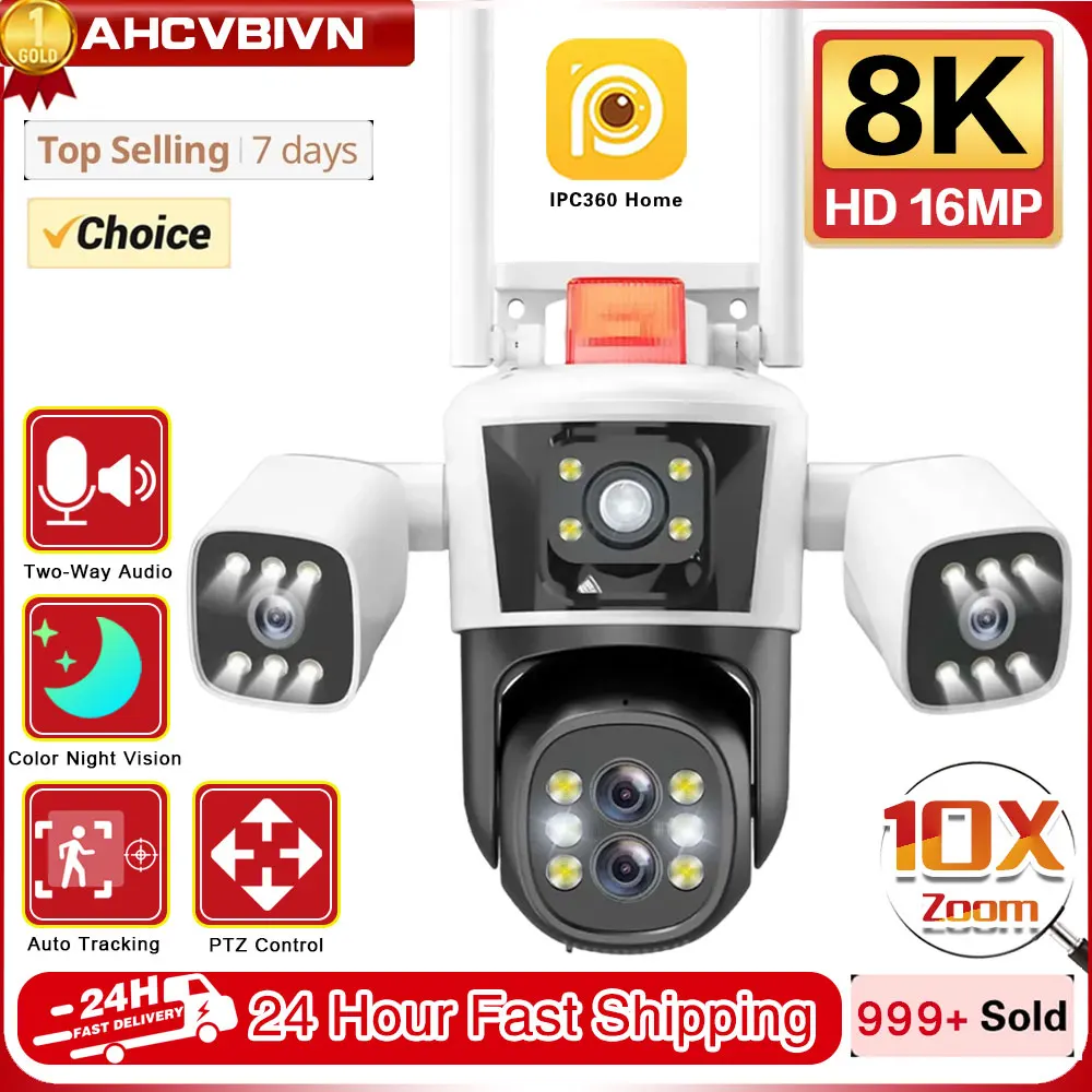 

16MP 8K Security Protection Camera WiFi Outdoor 10X Zoom Four Lens Three Screens CCTV Video Surveillance Auto Tracking PTZ Cam