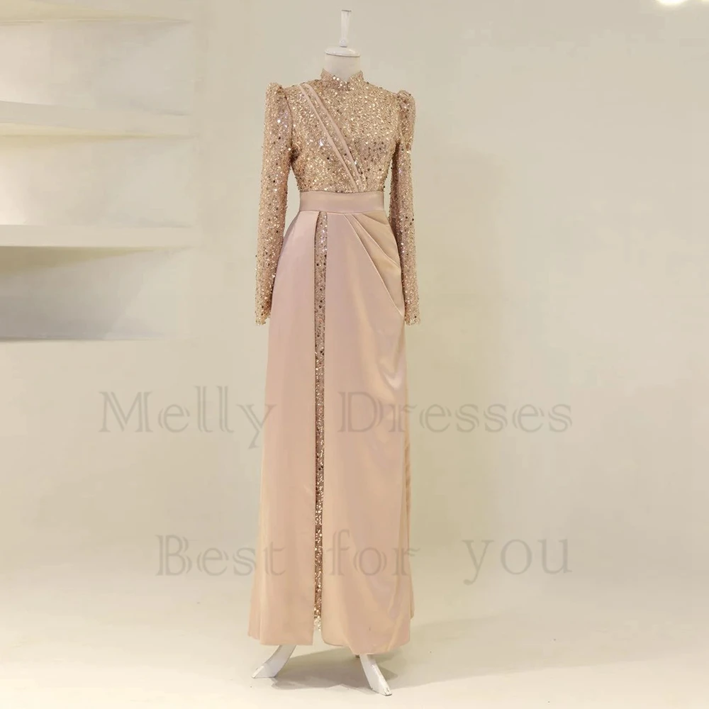 

High Neck Full Sleeve Islamic Evening Dresses with Sequined 2024 Summer Sequined Satin Ankle Length Pleat Robe De Soirée