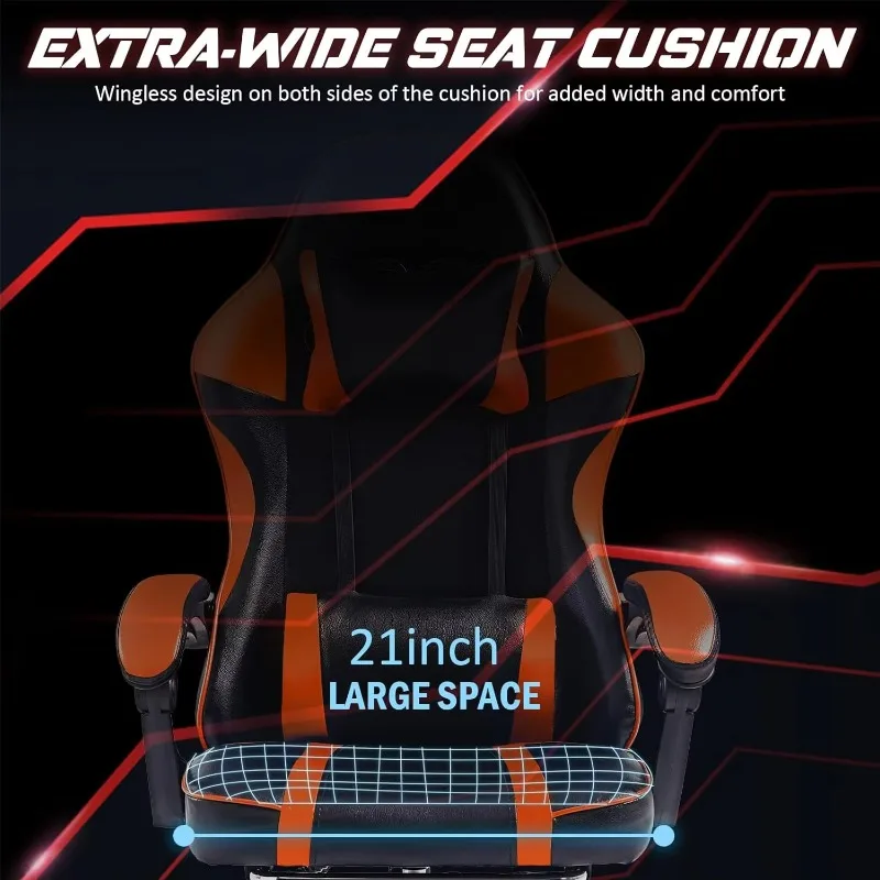 Adjustable Orange Lift Game Chair with Rotating Function Synthetic Leather Material Stainless Steel Waist Pillow Foot Stool