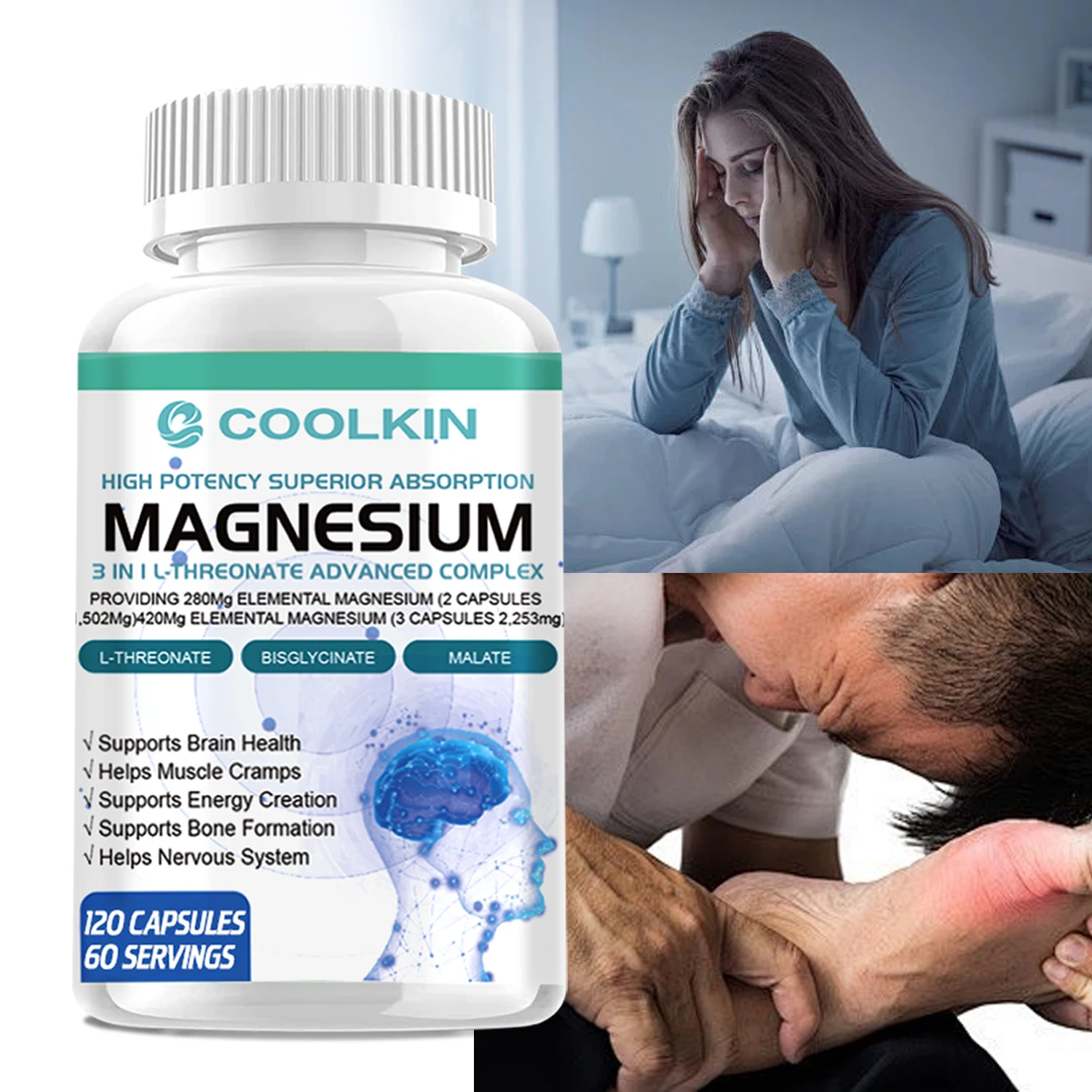 كبسولات المغنيسيوم - الدماغ، دعم العظام، تعزز الذاكرة والوظيفة المعرفية، تحسن جودة النوم - 120 كبسولة